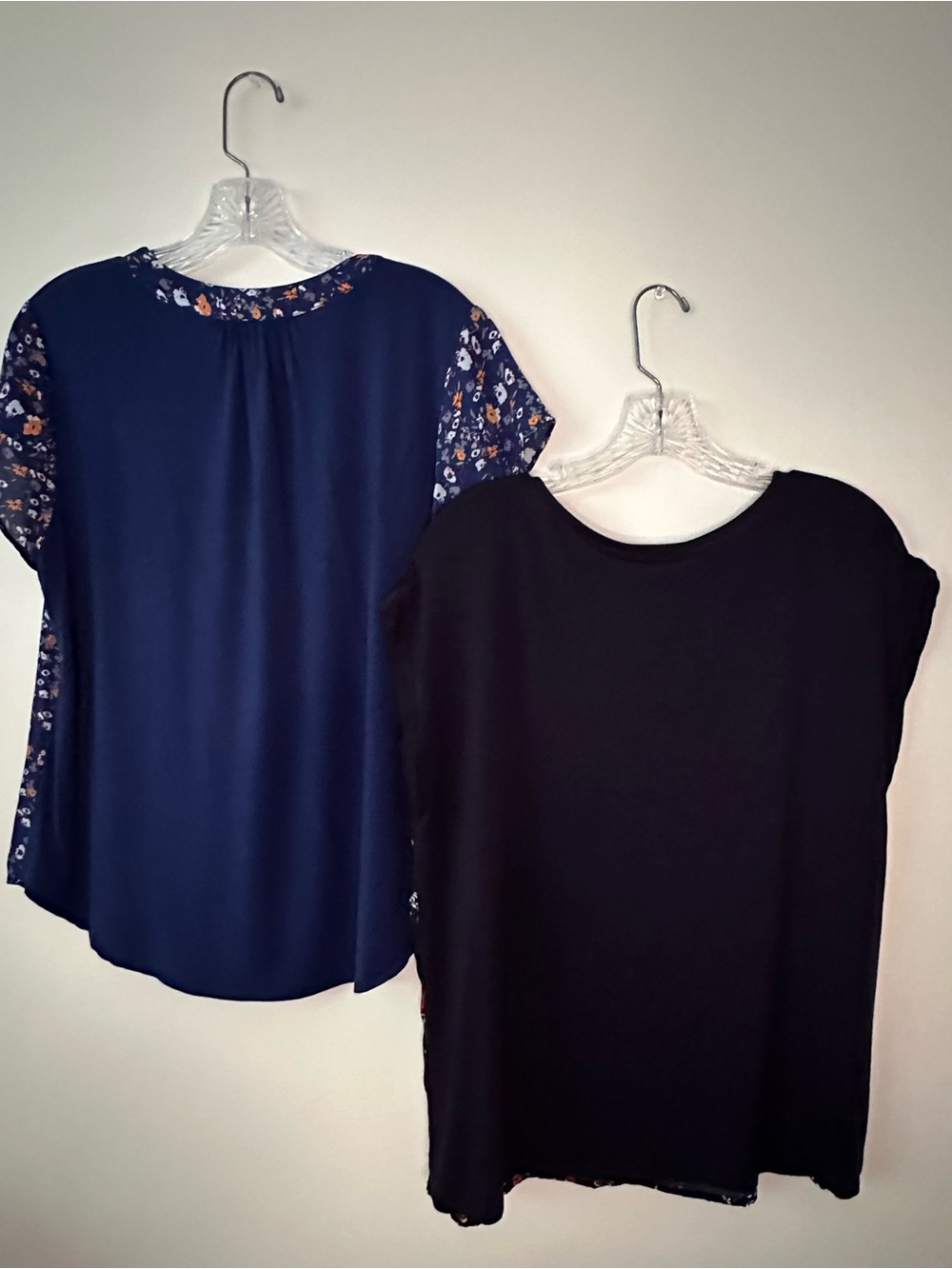 (2) Mixed media pullover tunic tops with cap sleeves: p2p 22” p2hem 24 1/2” - Picture 2 of 13